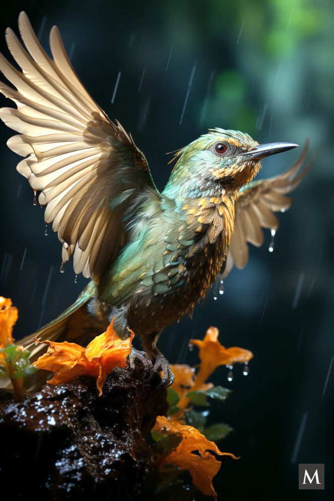 an exotic green bird in the rain