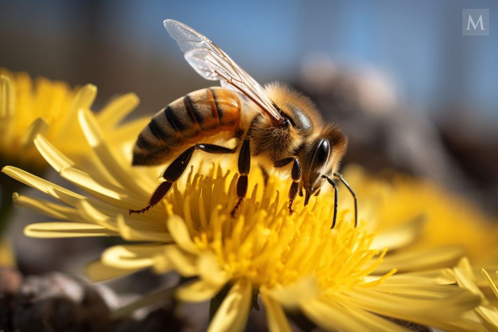 The importance of bees and close-up pictures of honey bees gathering pollen
